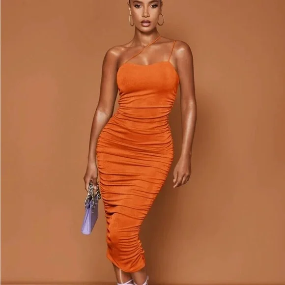 bright orange mesh ruched bodycon dress Orange Mesh Overlay Off The Shoulder Ruched Bodycon Midi Dress  AX Paris